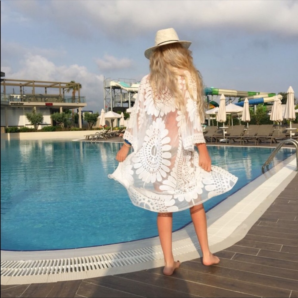 New! White Boho Floral Lace Kimono Beach Coverup - Picture 8 of 13